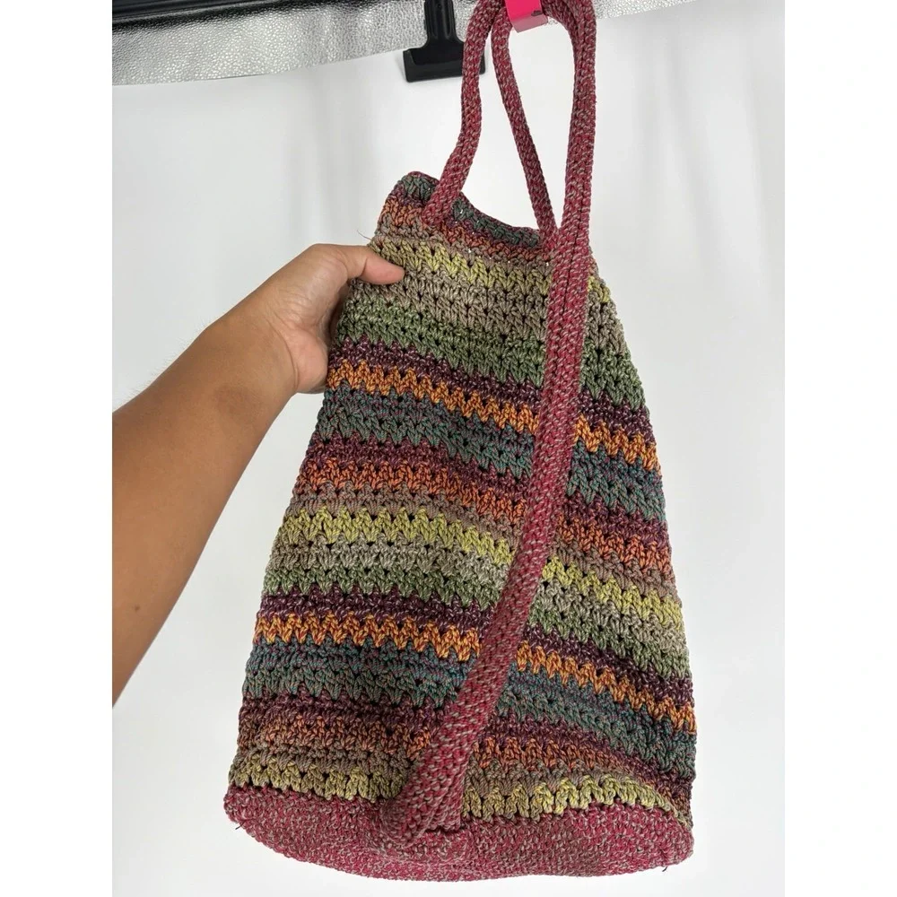 The Sak Boho Crochet Knit Backpack Bag Multicolor Striped Drawstring Purse